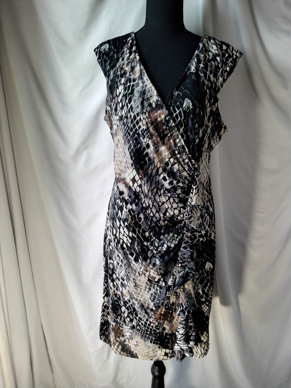 Sleeveless Faux-Wrap Snake Print Dress in Black and Brown